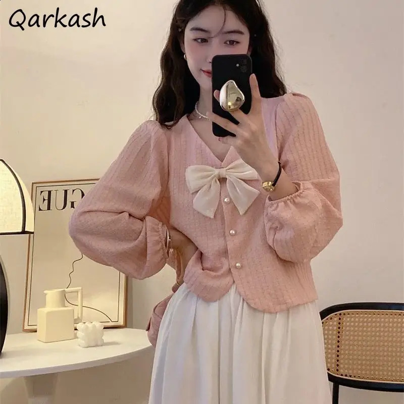 French Style Shirts Women V-neck Bow Long Sleeve Loose Solid Sweet Clothing Spring Autumn n Casual Commuting Fashion 240823