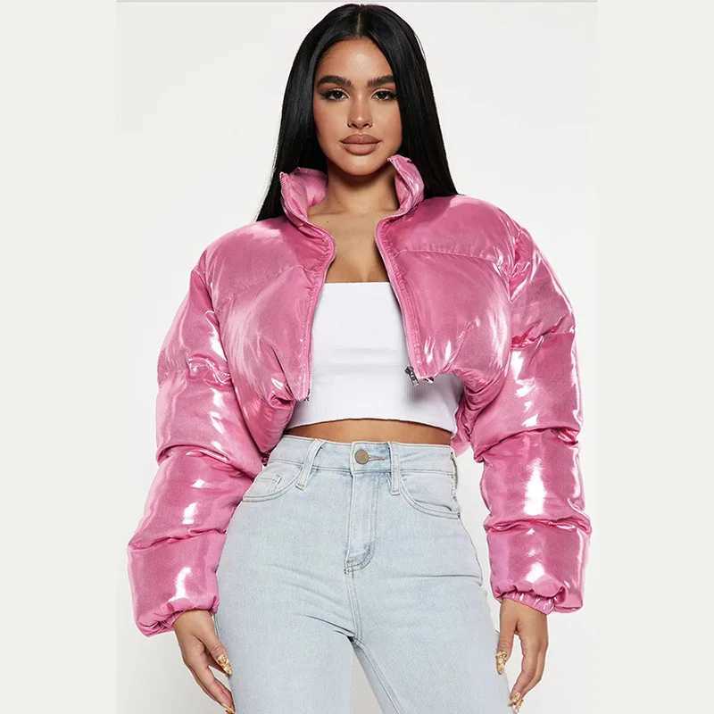 Women's Down Parkas Winter Cute Lady Shiny PU Leather Puffer Jacket High Waist Slim Bubble Coats Zipper Stand Collar Fluffy Short Jacket Parkas D
