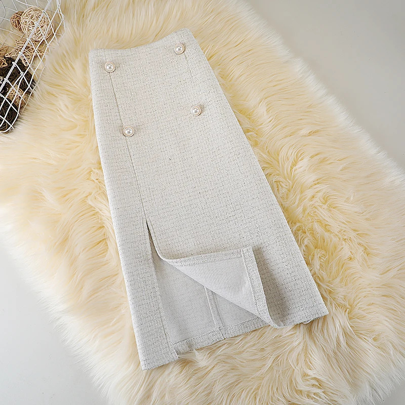 high waisted thick tweed womens celebrity long dress elegant Aline buckle fashionable split flared skirt Spring 240823