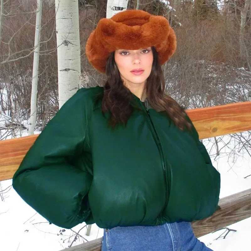 Women's Down Parkas Retro Women PU Leather Puffer Jackets Elastic Waist Warm Thick Bubble Coats Leather Puff Jacket Parkas Zipper Parkas Down Win