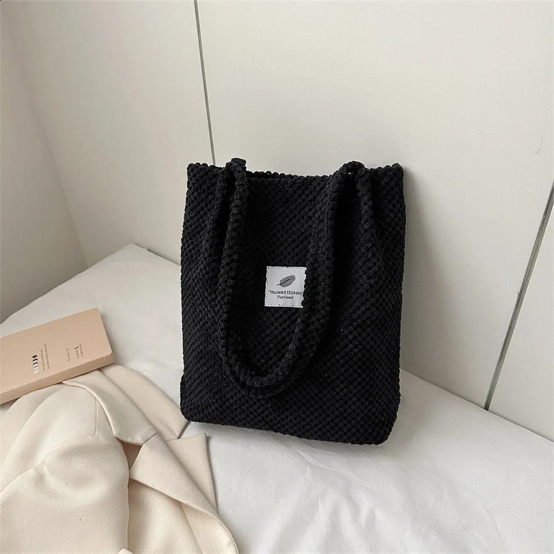 2023 Arts Shoulder Bags For Women Canvas Bucket Handbags Corduroy Fashion Casual Solid Color y240828