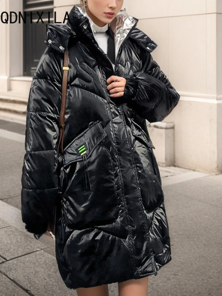 Womens down jacket medium long Korean style fashionable Parka top hooded warm black smooth casual loose womens 240823