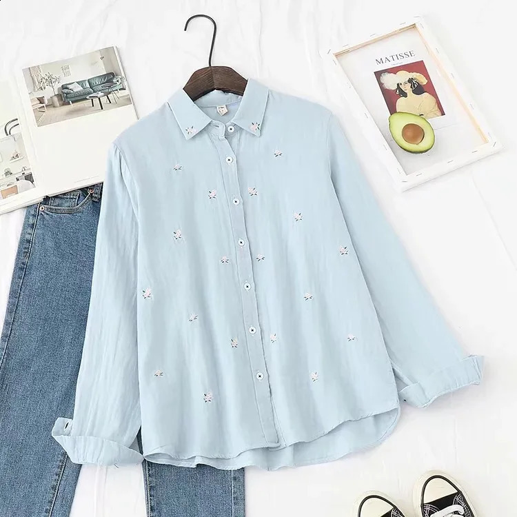 Spring Autumn Fresh Cotton Yarn Ladies Long Sleeve Shirt Flower Embroidered Womens Casual Shirt Female Blouse Clothes 240823