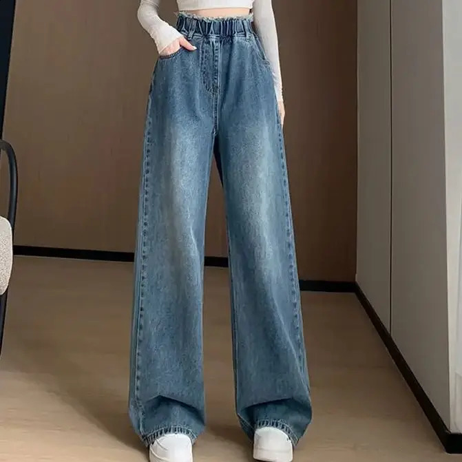 Oversized denim Trouser womens tracking straight wide leg loose high waist ultrafine lace fringe pants 240823
