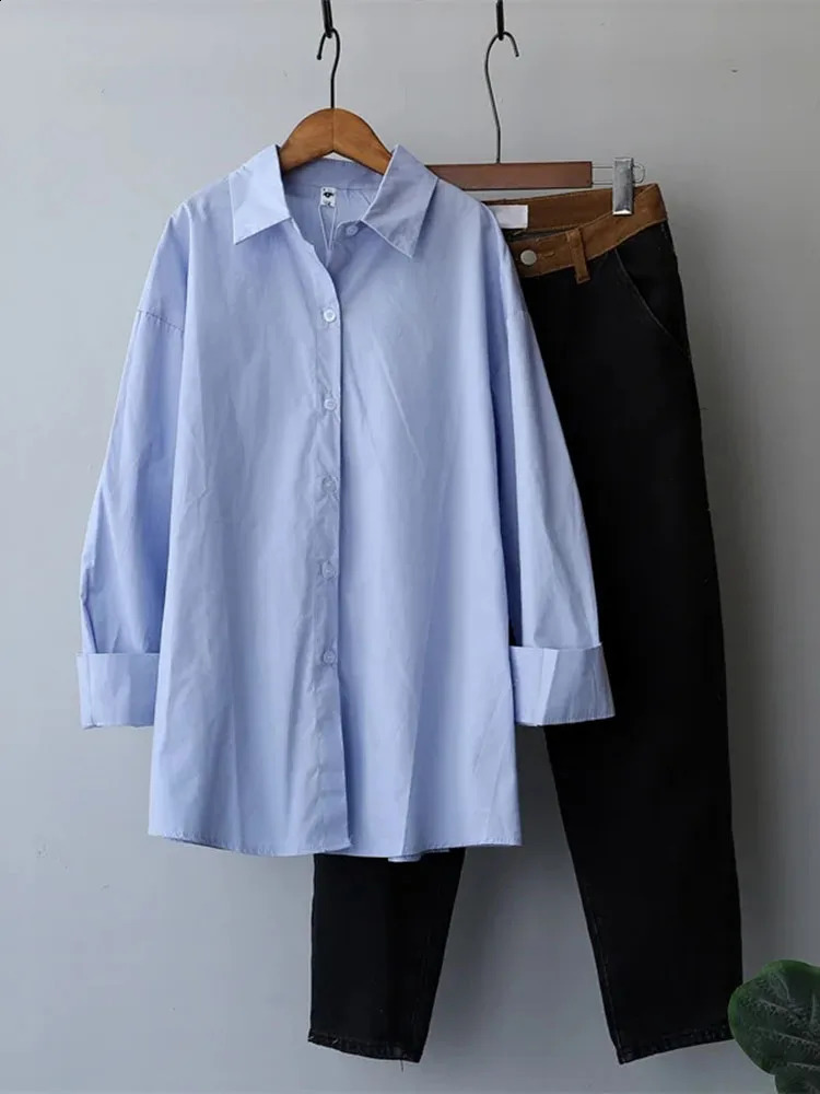 Casual Blouse Women Tops White Shirt Long Sleeve Turn Down Collar Button Up Causal Loose Oversized Cotton 100% Blue Tops 240823