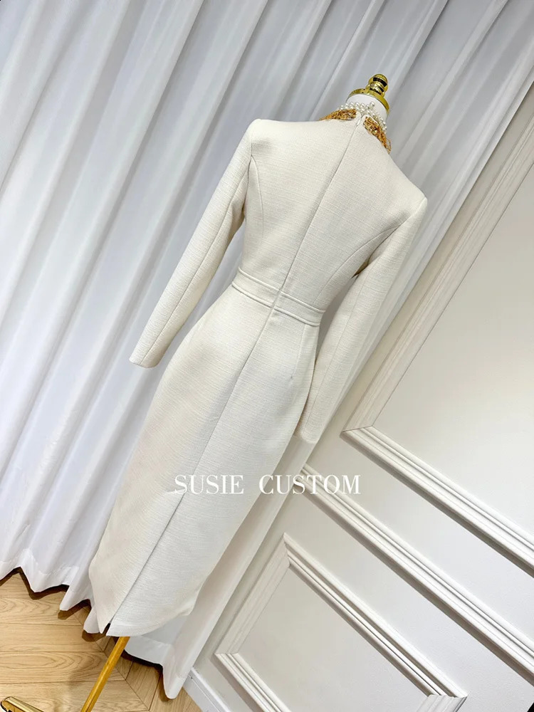DEAT Bow Spliced Beading Dress For Women Solid Color Round Collar Long Sleeve Tweed Dresses Female Spring Fashion 15KB6239 240824