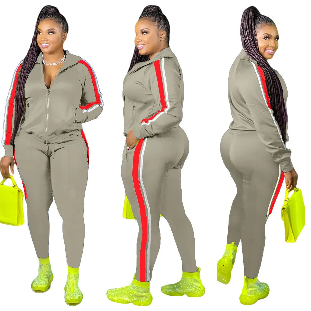 L-4XL Sport large plus size two piece set women clothing Splicing zip long sleeve top and pants suit Wholesale dropshopping 240823