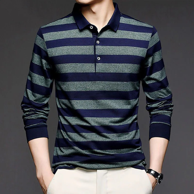 Streetwear Fashion Men Striped Polo Shirts Spring Autumn Long Sleeve Business Office Lapel Male Clothes Basic Casual Loose Tops 240824