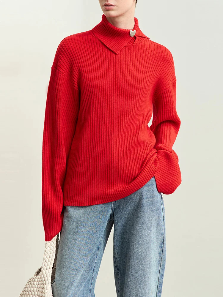 Amii Minimalism Knitted Cozy Pullover for Women Autumn Lazy Lapel Drop Sleeve Metal Buckle Strip Loose Sweater 12423046 240824