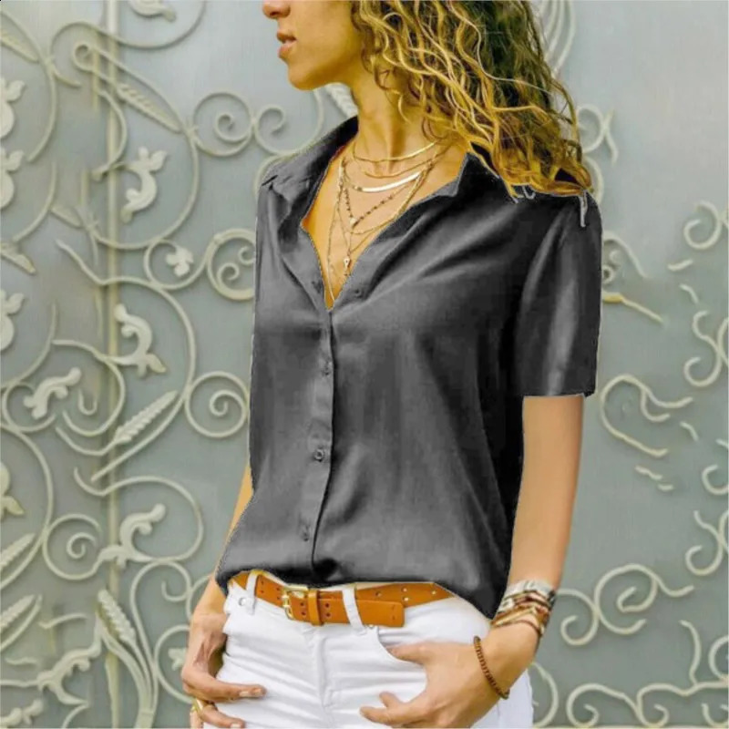Womens Solid Color V-neck Button Short Sleeved Shirt Office Lady Red Solid Cardigan Blouse Tops Femme Blusas Camicie 240823