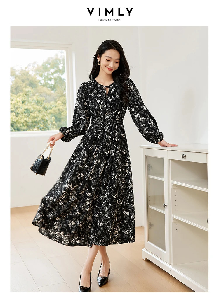 VIMLY Womens Elegant Long Sleeve Floral Print V-neck Casual Dress A-Line Knee-Length Elastic Waist Spring Autumn A-Line Dress 240824