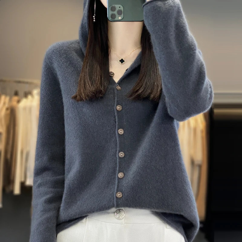 Merino wool Cardigan hat Fall/winter cashmere sweater womens o collar 100% wool warm bottom knit shirt top 240824