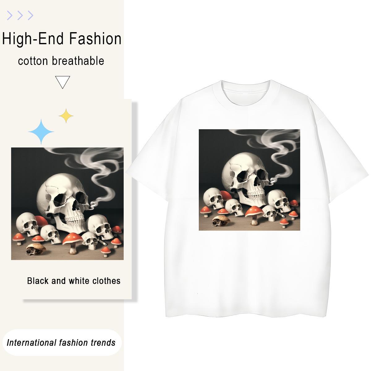 Unisex T-Shirts 100% Cotton 230g skull High Street Hip Hop Floral Print Crew Neck Breathable Men Tshirts 2024 Tops