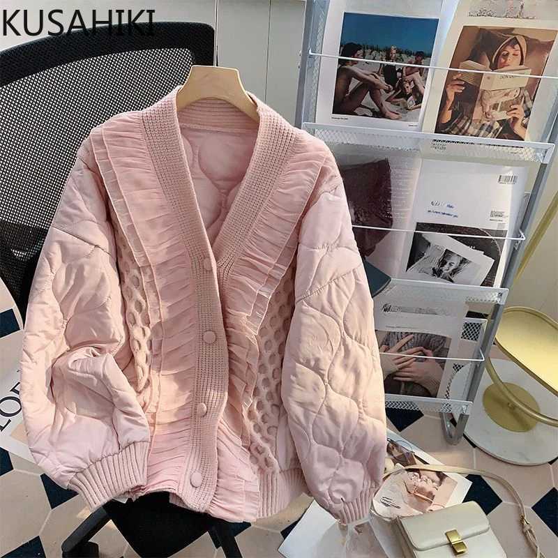 Women's Down Parkas KUSAHIKI Fashion Ruffle Knitted Patchwork Parka Coat Causal Long Slve V-neck Korean Jackets 2023 Autumn Winter New Parkas Y24