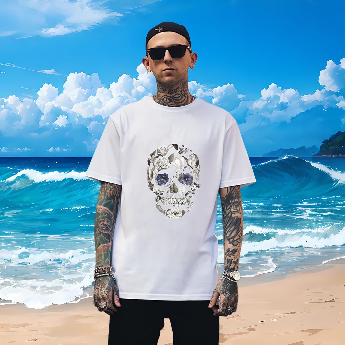 Brand T-Shirts for Men 230g 100% Cotton skull Hip Hop DIY Logo Oversized Crew Neck Breathable Men Clothes T-Shirt 2024 DIY Tops