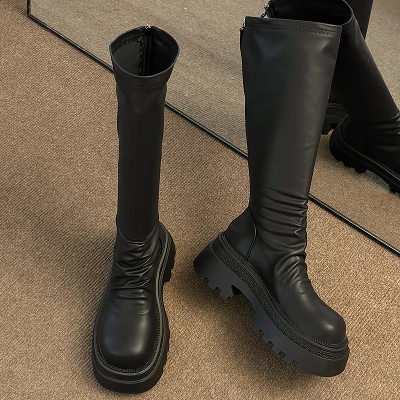 Retro motorcycle black British style thick soled stacked boots with thick velvet suitable for womens 2024 autumn weight loss boots 240823