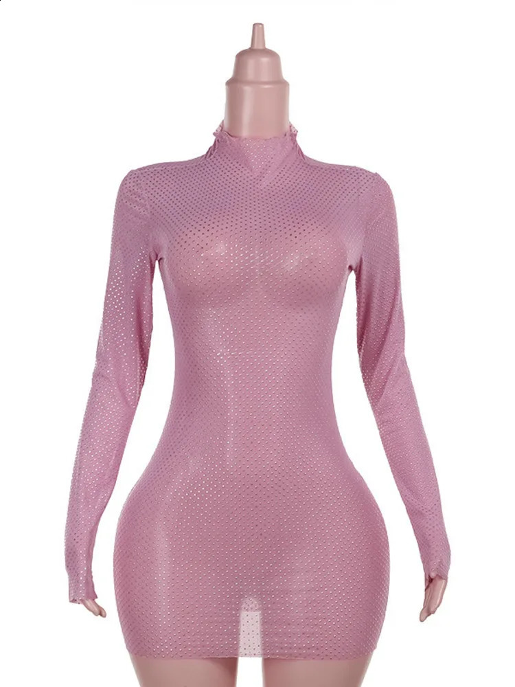 Mozision Sequins See Through Sexy Mini Dress For Women Half High Collar Long Sleeve Sheer Mesh Skinny Sexy Dress Party Clubwear 240823
