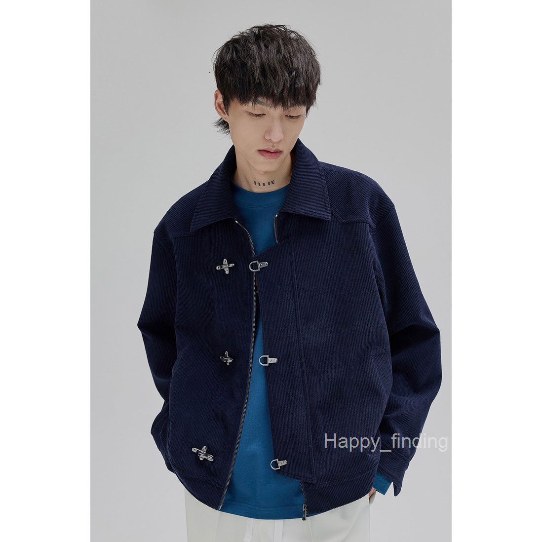American Style Design with Double Layered Placket and Shoulder Design Segmented Airplane Buckle Opening and Closing Square Collar Loose and Versatile 