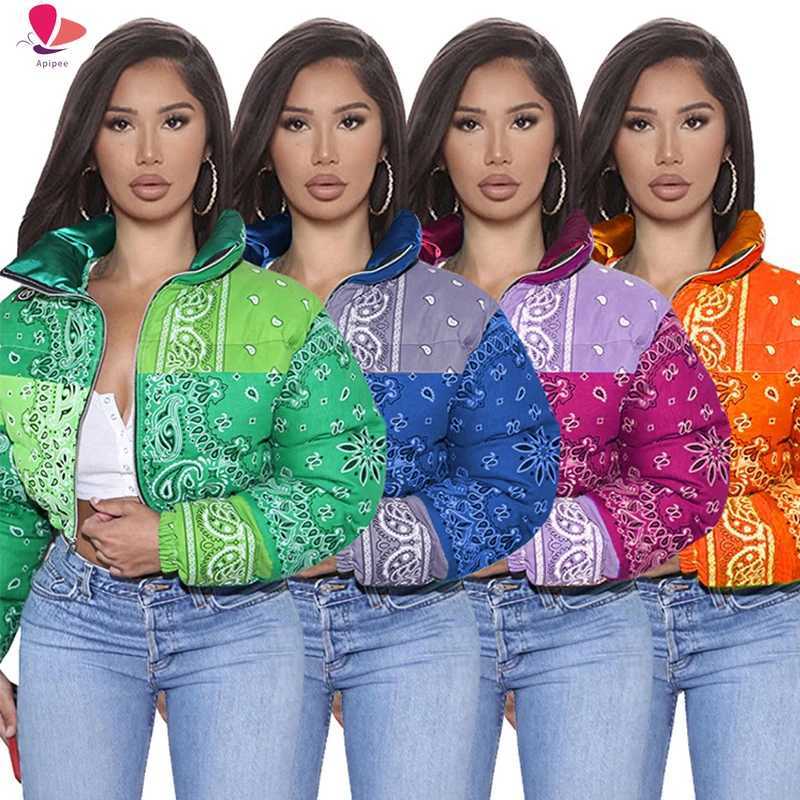 Women's Down Parkas Bandana Coat Paisley Printed Bubble Jackets For Women 2024 Winter Fashion Warm Parkas Casual Zipper Up Puffer Outerwear S-XXL