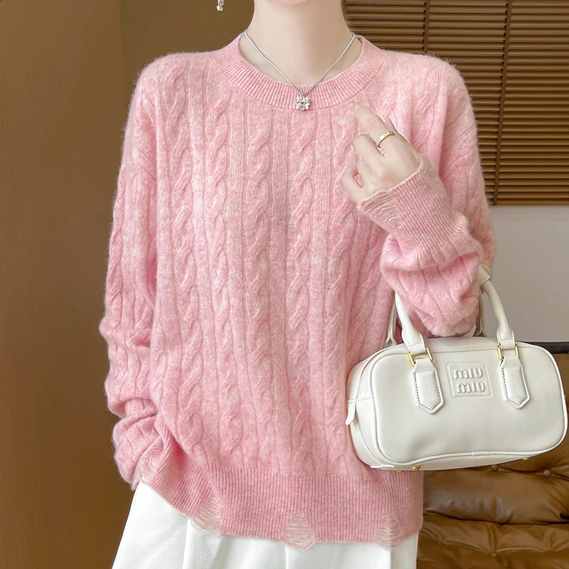 Womens pullover autumn/winter 100% wool sweater casual solid knitted sweater round neck loose Tops all-match distressed Blouse 240824