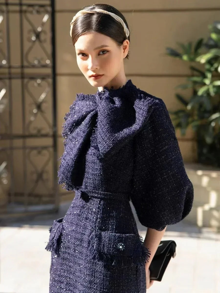 JAMERARY Fashion Autumn Winter Tweed Dress For Women Lantern Sleeve Midi Long Bodycon Dresses Office Lady Korean Style 240824