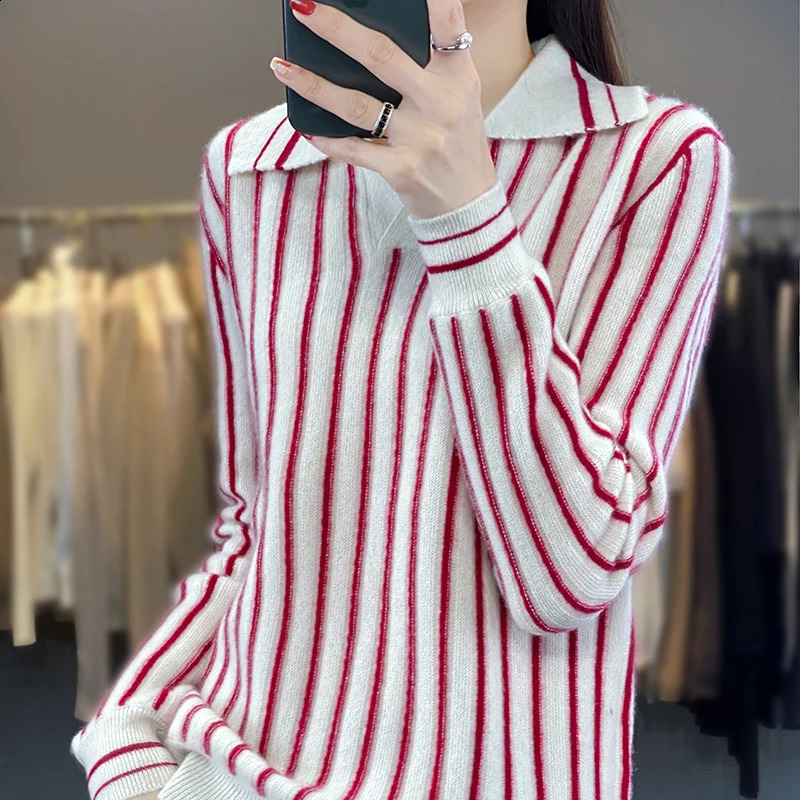 100% Merino Wool Sweater Womens Pullover Autumn Winter Most Trend Womens Clothing Fashion Classic Striped Knit POLO Neck Top 240824