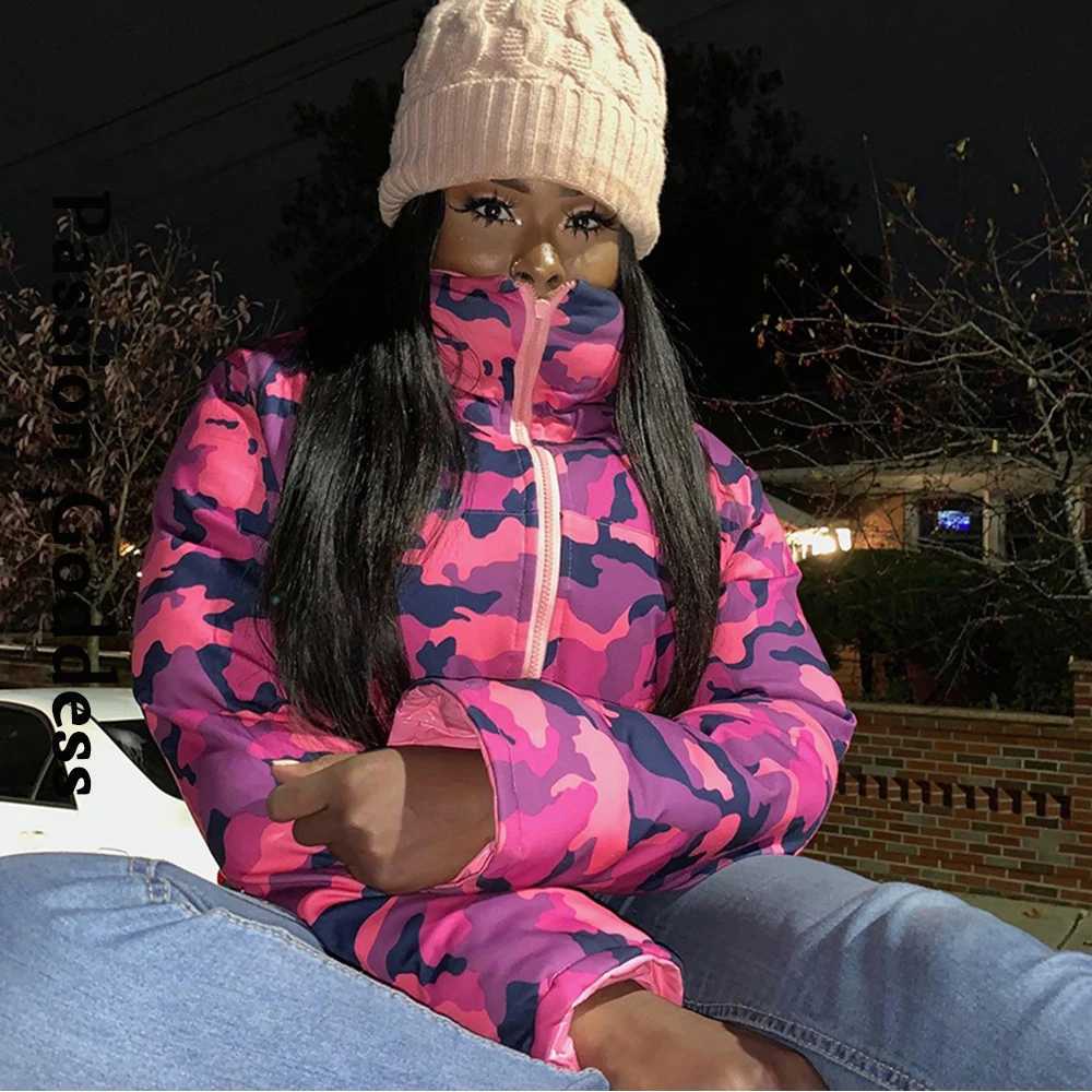 Women's Down Parkas Winter Cute Women Shiny PU Camouflage Puffer Jacket Warm Camo Bubble Coat Zipper Paisley Leather Parkas Down Both Side Wear Y
