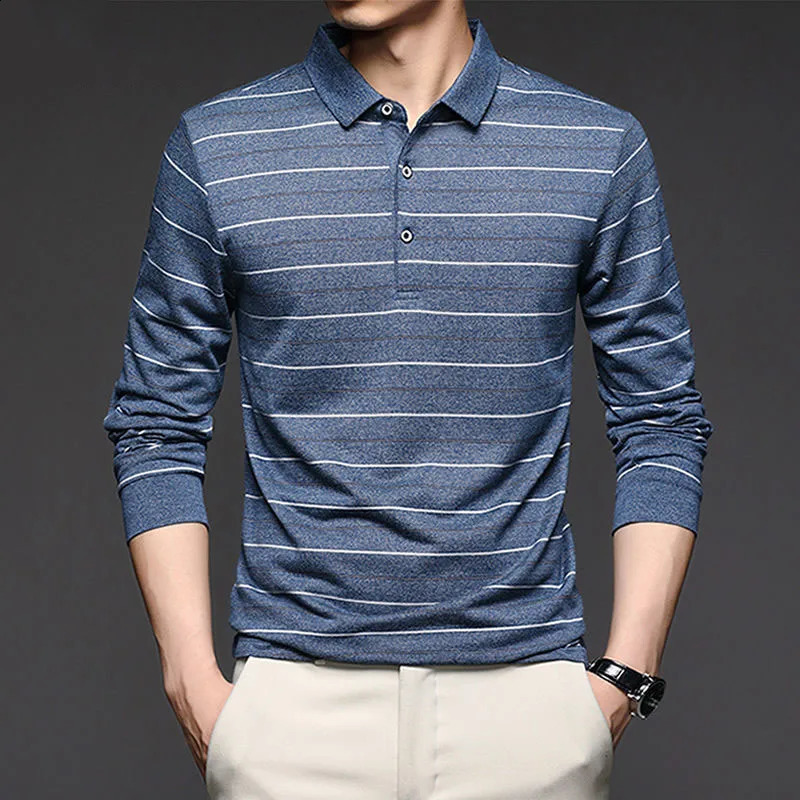 Streetwear Fashion Men Striped Polo Shirts Spring Autumn Long Sleeve Business Office Lapel Male Clothes Basic Casual Loose Tops 240824