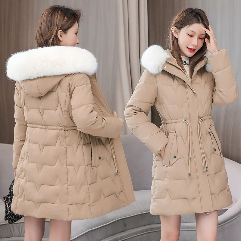 winter womens Parka fur hooded jacket thick cotton padding cushioned casual long clothing loose 240823