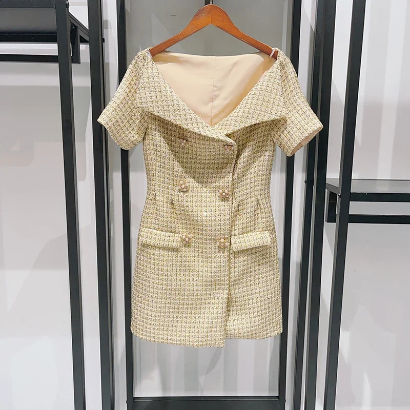 y2k clothes Gold diamond button dress with coarse tweed lapel collarbone double row short early autumn socialite 240824