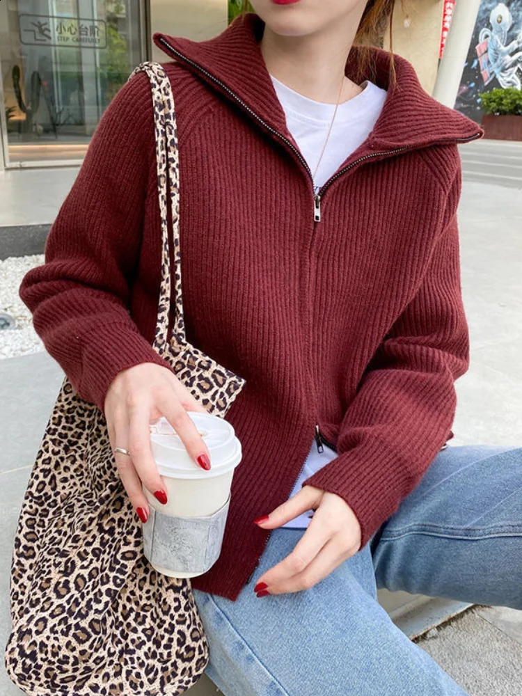 Deeptown Casual Knitted Cardigan Sweaters Women Autumn Vintage Zip-up Solid Loose Long Sleeve Tops Knitwear Chic Kpop 240824