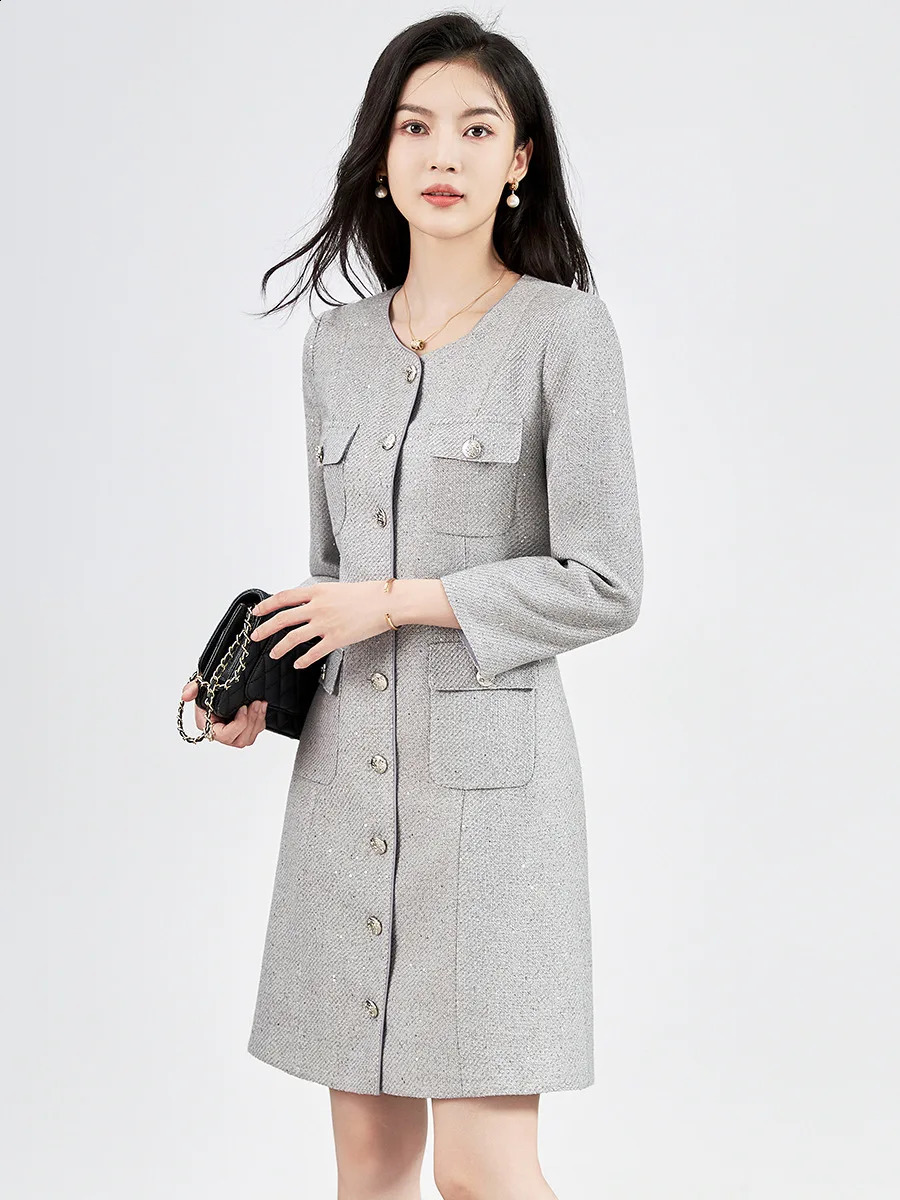 ZJYT Elegant Autumn Womens Sequined Tweed Dress Long Sleeve Single Breasted Breif Short Office Dresses Vestidos with Pockets 240824