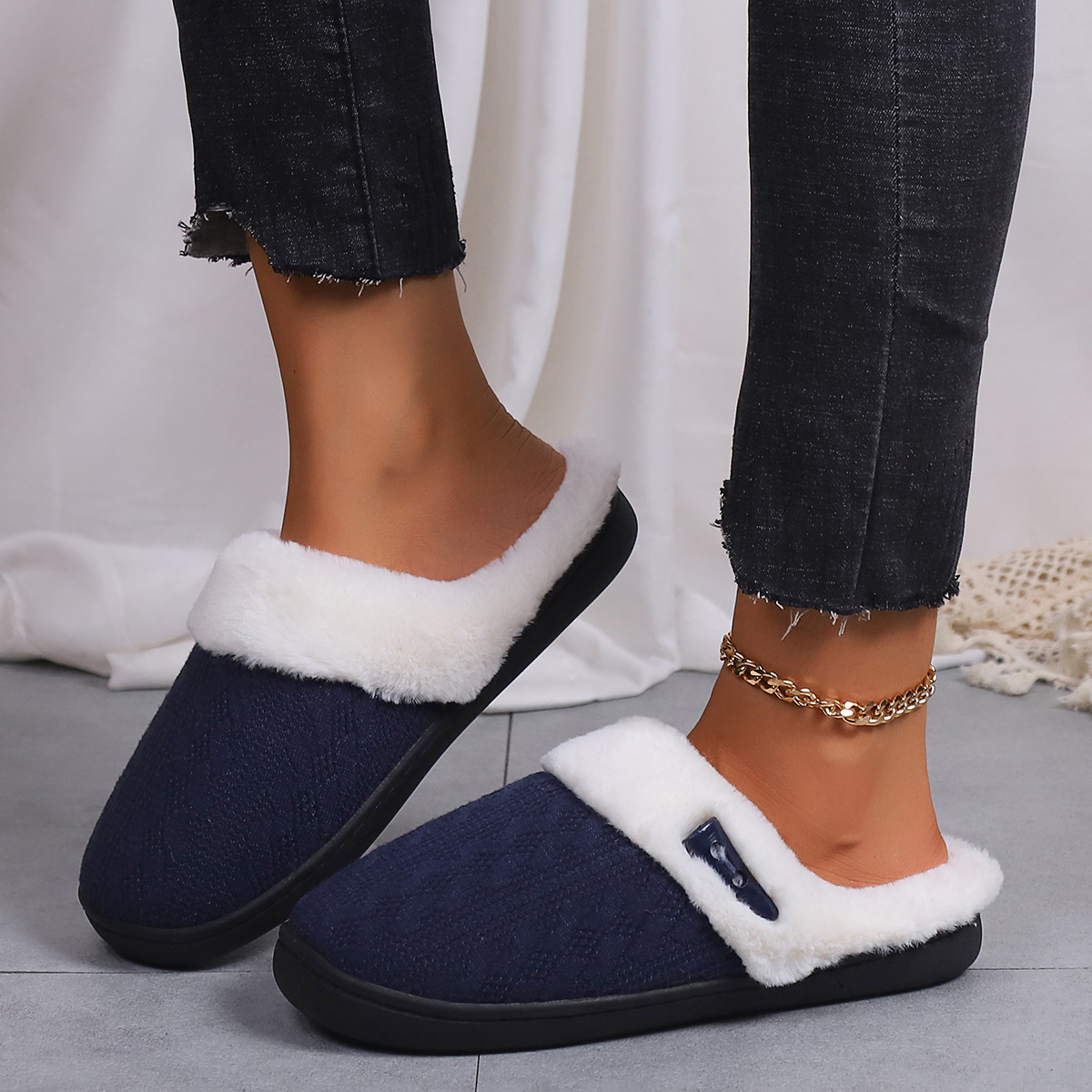 Fashion slippers men women knitted wool and fluffy slipper for couples simple and comfortable home thick-soled warm cotton slippers winter non-slip