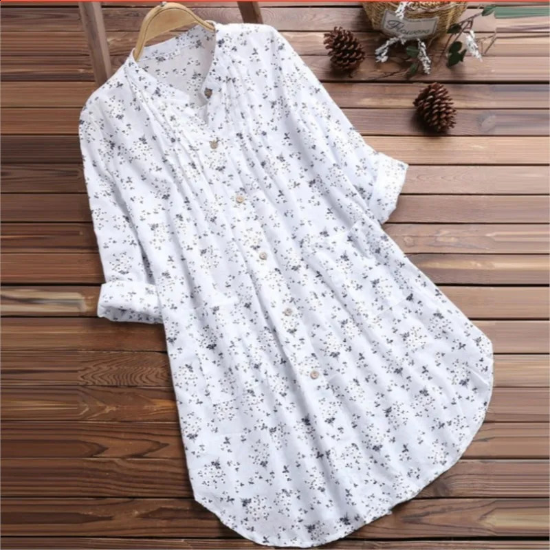 Elegant Long Shirt Cotton Linen Women Fashion Floral Print Loose Blouses And Tops Spring Autumn Full Sleeve Shirts Femme 240823