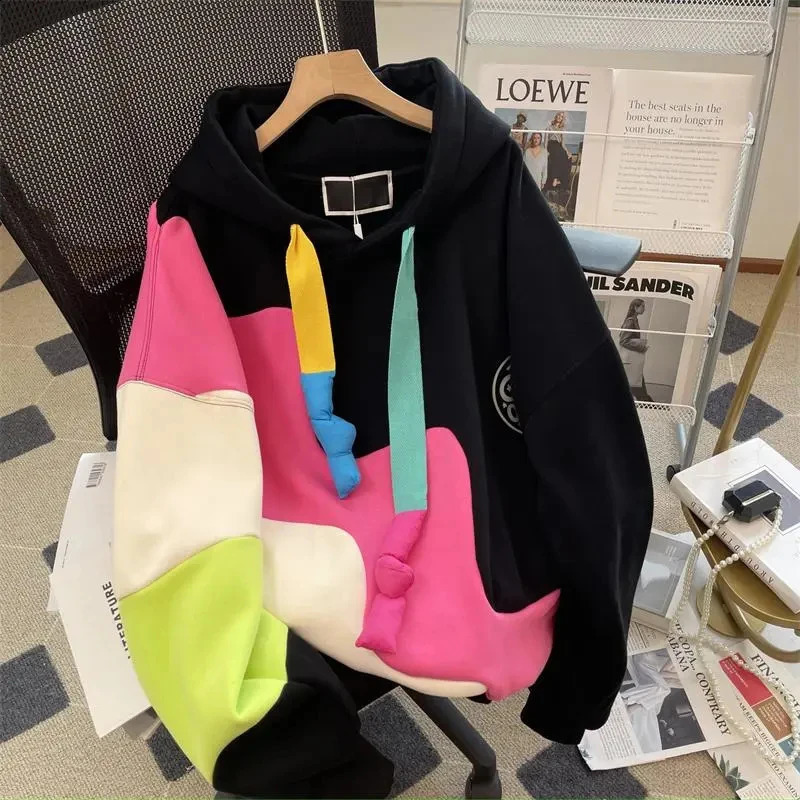 Fashion Color Patchwork College Style Womens Casual Versatile Hoodie Autumn Winter Thickened Lady Long Sleeved Hood Top 240824