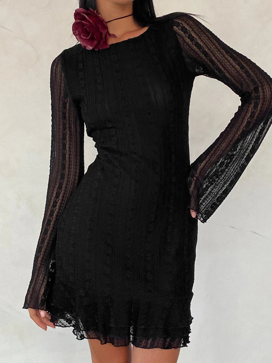 Fashion Vintage Women Long Sleeve Open Back Lettuce Trim Solid Color Short Dress Lace Mini Dress Sexy Clubwear vestidos 240823