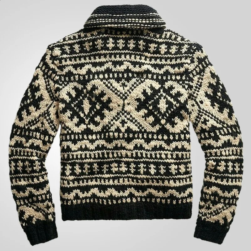 Mens cardigan sweater autumn and winter mens jacquard knitted jacket lapel long sleeved casual fashionable 240824