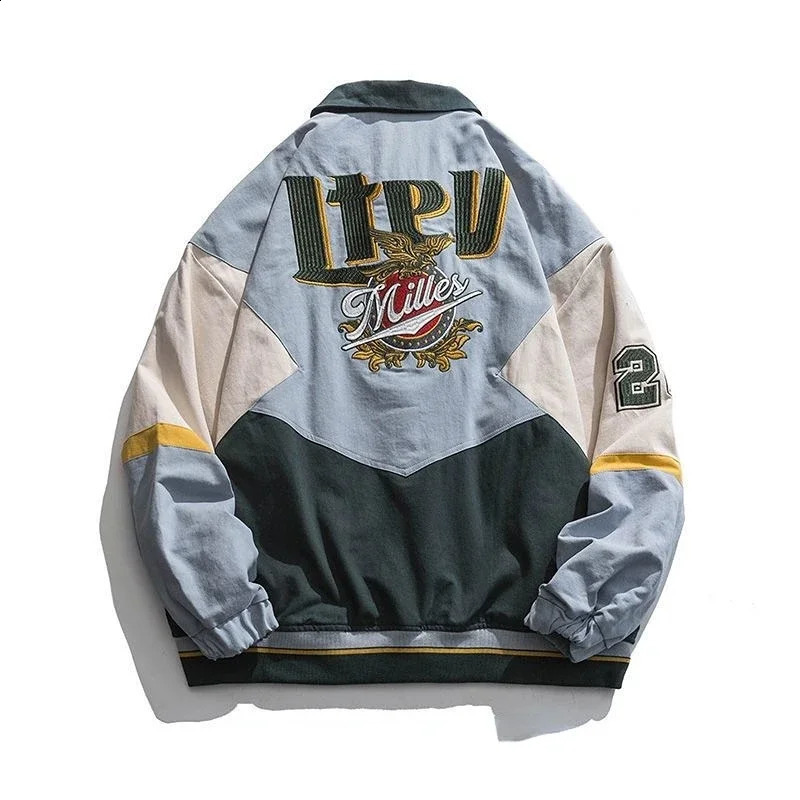 American street mens bomber jacket embroidered color comparison loose pilot Spring and Autumn Hip Hop Korean Fashion Neutral 240824