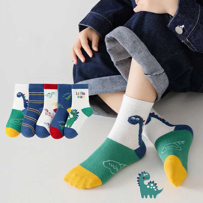 5Pairs Kids Socks Cartoon Dinosaur Striped Print Middle Tube Socks For Boys Girls Casual Warm Cotton Sock CL240824