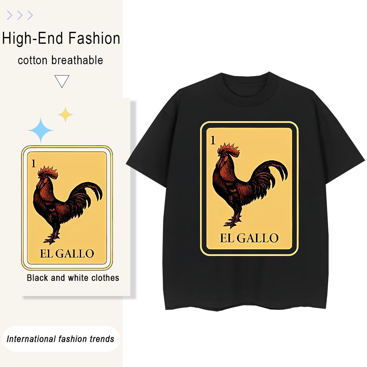 2024 Summer Tshirts chicken Outdoor 230g 100% Cotton Polos Crew Neck Breathable Loose Men T Shirts Floral Print