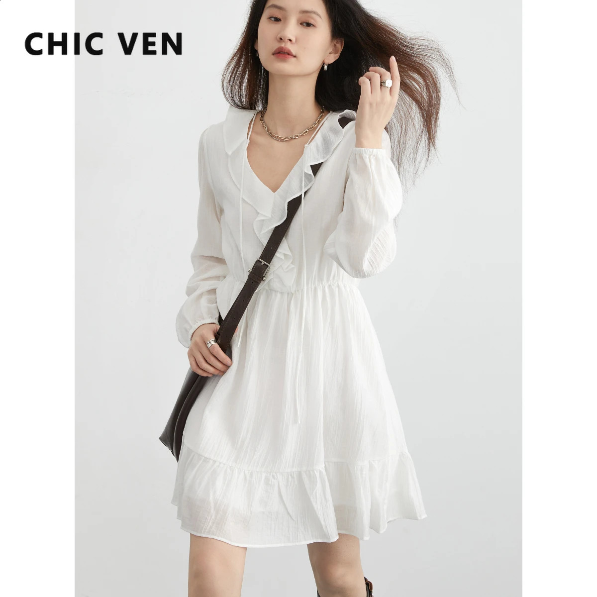 CHIC VEN Korean Women Dresses V-neck Loose Casual Ruffle Edge Mid Length A Line Female Pullover Dress Spring Autumn 240824