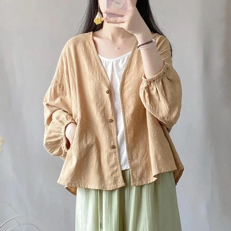 Loose Cotton Linen Women Summer Top Sun Protection Clothing Outdoor Match Artistic Long Sleeve Shirt Air Conditioning Tank Top 240823