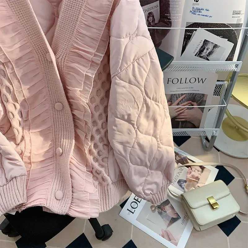 Women's Down Parkas KUSAHIKI Fashion Ruffle Knitted Patchwork Parka Coat Causal Long Slve V-neck Korean Jackets 2023 Autumn Winter New Parkas Y24