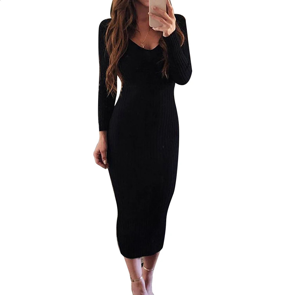 woman dress Sexy Women Long Sleeve V Neck Backless Ribbed Bodycon Slim Knitted Midi Dress dresses for women vestido de mujer 240823