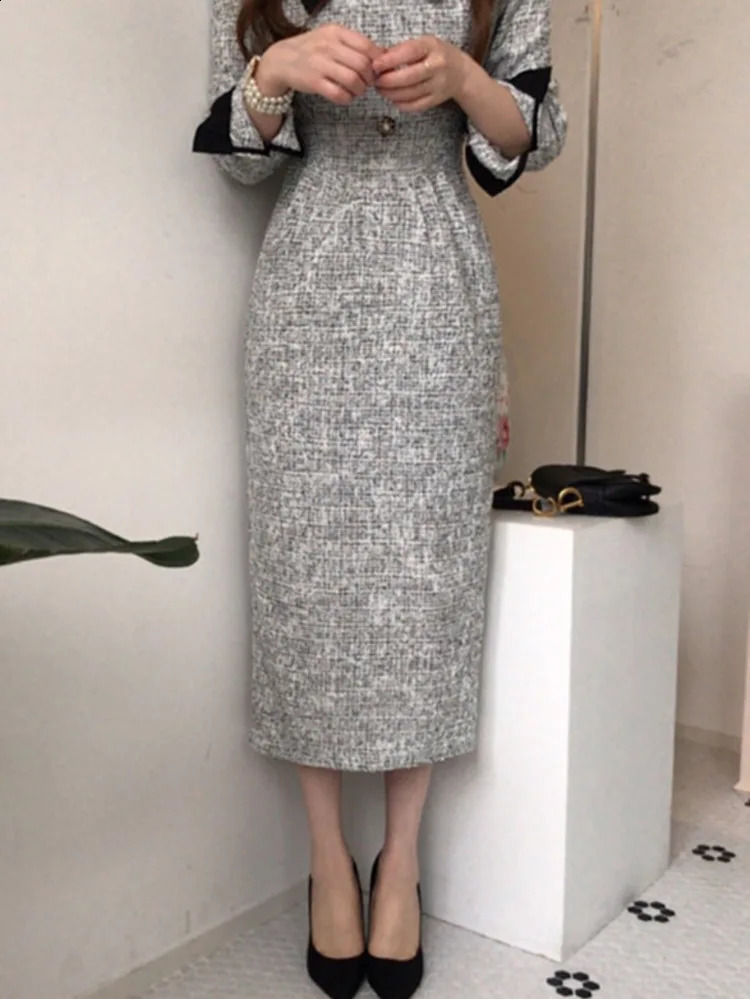 EWQ Fashion Contrast Lapel Lace Up Collect Waist Tweed Dress Autumn spring Thickened Mid-calf Women Dresses 16R871 240824