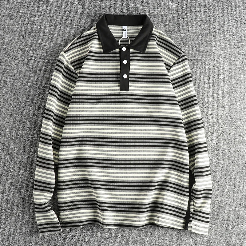 Spring Autumn American Retro Long Sleeve Lapel Knitted Striped Polo Shirt Mens British Fashion Loose Casual T-shirt 240824