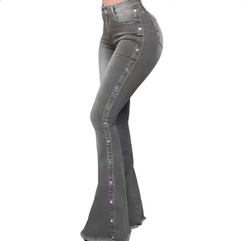 Fashionable side buckle decorative flange jeans womens wide leg Trouser high waisted daily casual chic streetwear 240823