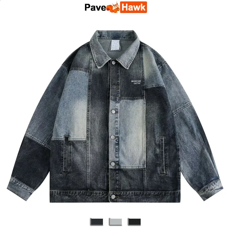 Patch work denim jacket mens high street letter embroidery university retro patch college loose autumn 240824