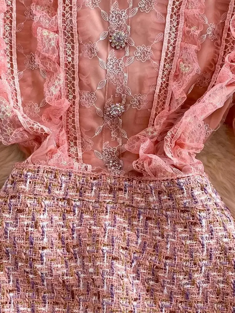 Fashion Celebrity Lace Mesh Flower Embroidery Ruffles Stitching Tweed Long Sleeve Diamonds Buttons Woolen Short Dresses 240824