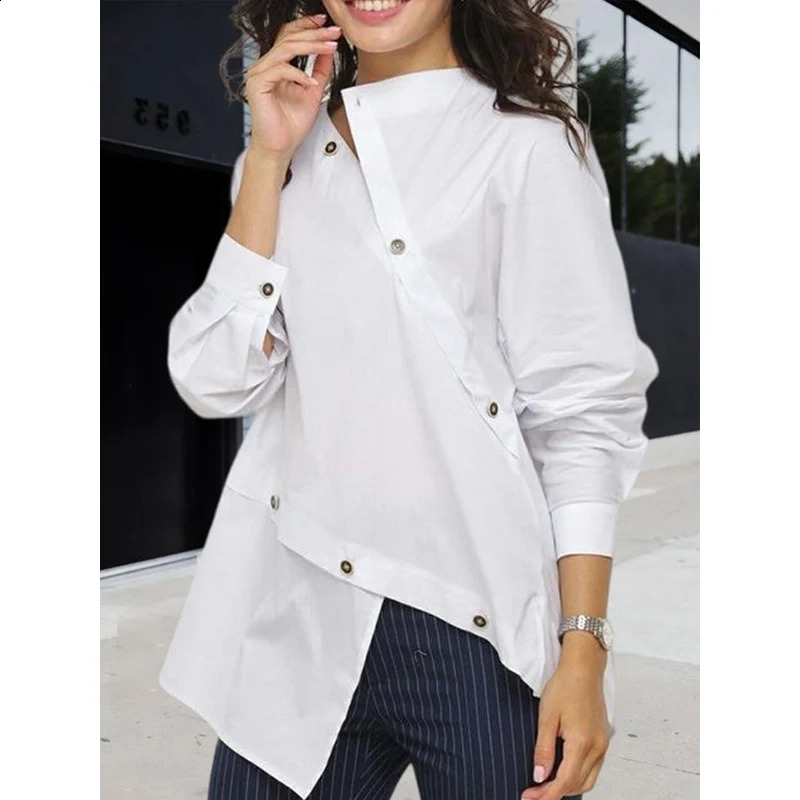 Tinna Womens Stylish Spring Autumn Asymmetric Buttoned Split-front Long Sleeves Blouses shirts Tops for Casual Simple Occasion 240823